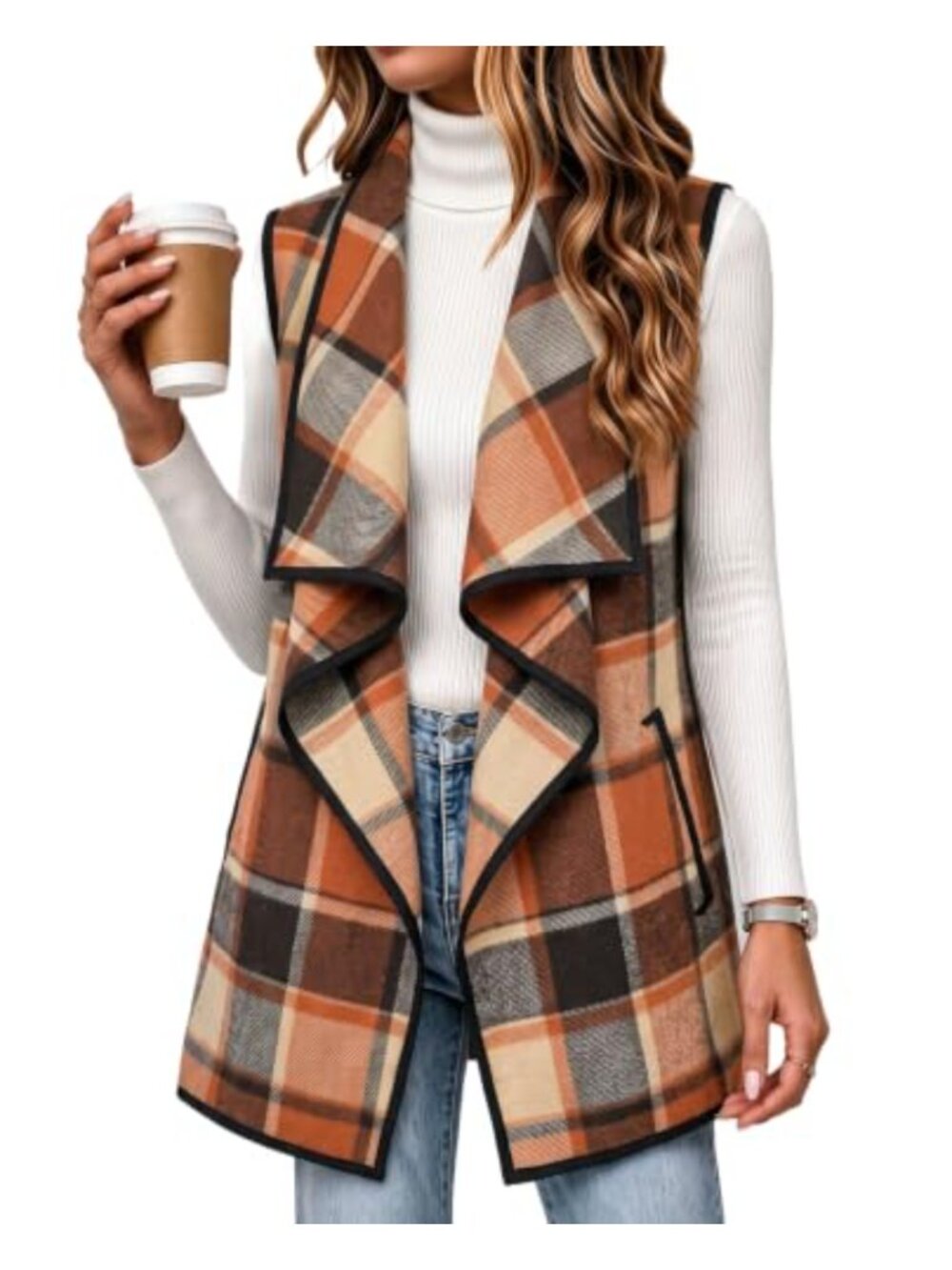 Zeagoo Women's Sleeveless Plaid Vest Long Flannel Coat with Pockets